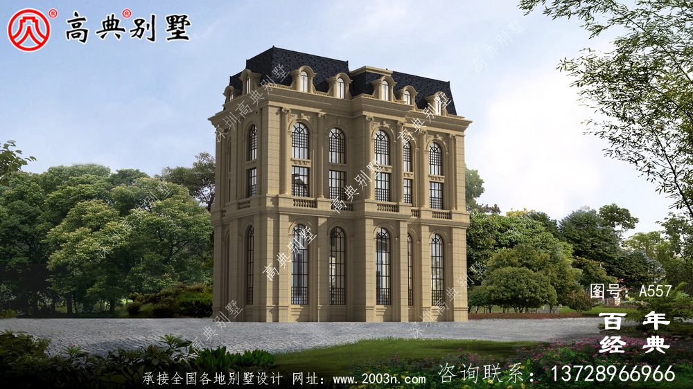五層豪華的歐式自建筑造型,客廳空洞,三轉樓梯