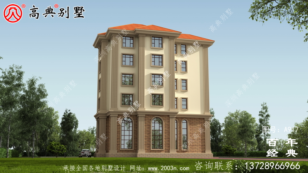 面積208平方米的經典五層別墅設計圖,包括效果圖。