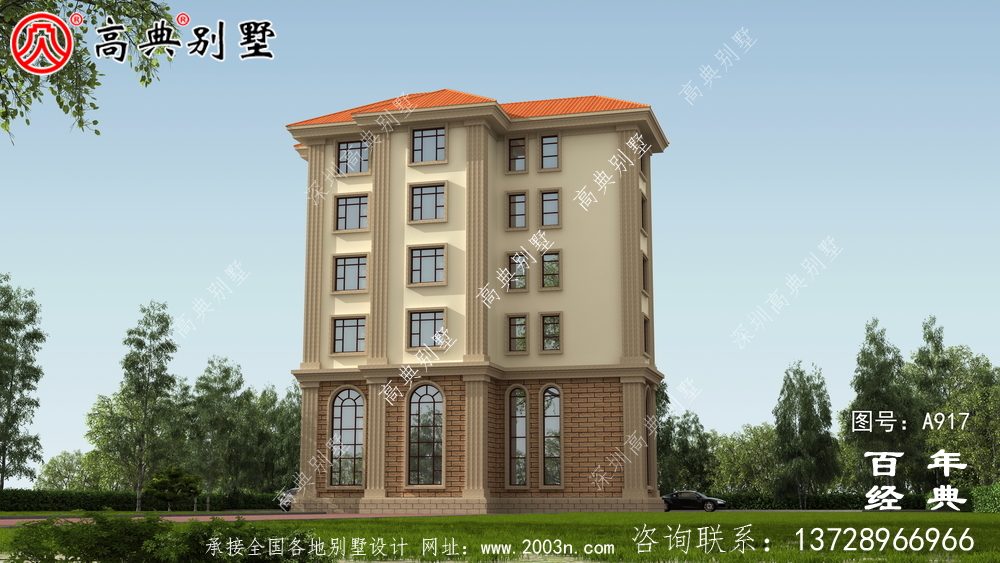 面積208平方米的經典五層別墅設計圖,包括效果圖。