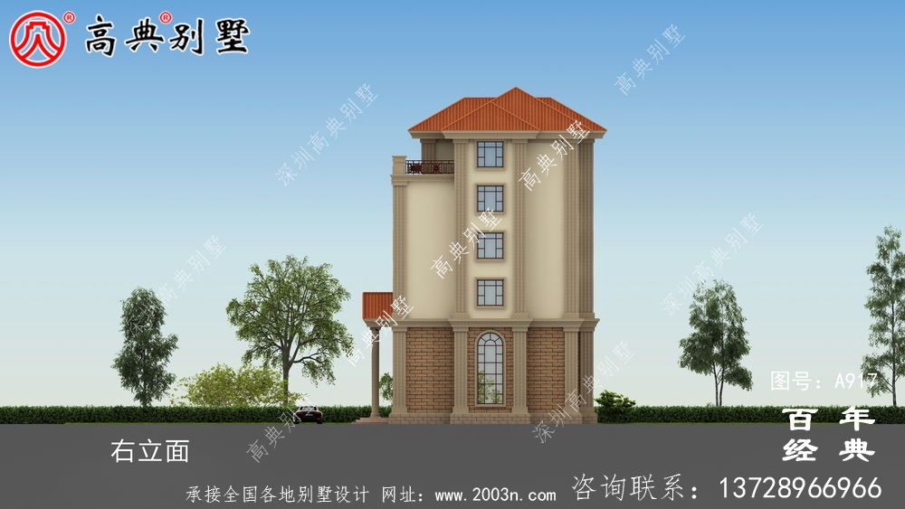 面積208平方米的經典五層別墅設計圖,包括效果圖。