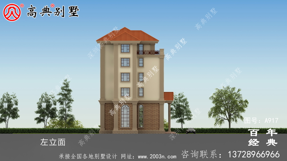 面積208平方米的經典五層別墅設計圖,包括效果圖。