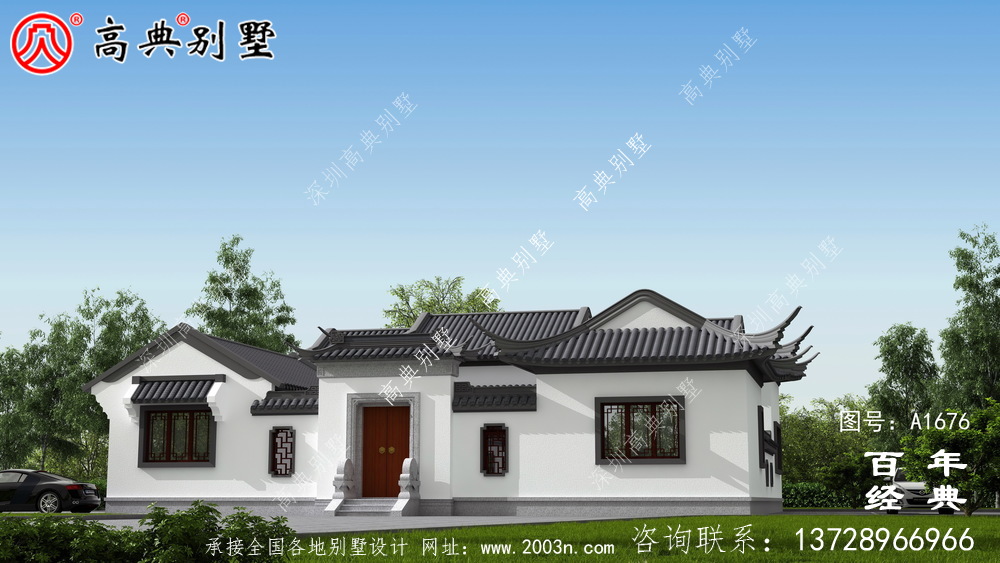 大氣單層中式別墅帶庭院設計圖紙及效果圖_農(nóng)村三層別墅設計