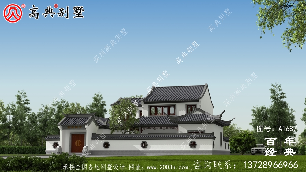 兩層帶庭院中式別墅外觀設計圖_農村三層別墅設計