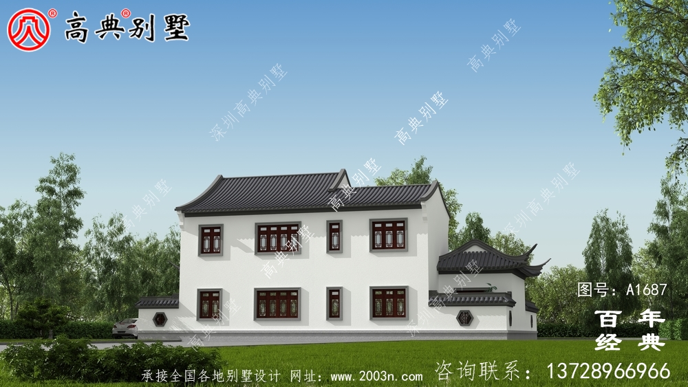 兩層帶庭院中式別墅外觀設計圖_農村三層別墅設計
