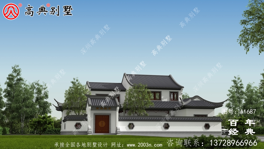 兩層帶庭院中式別墅外觀設計圖_農村三層別墅設計